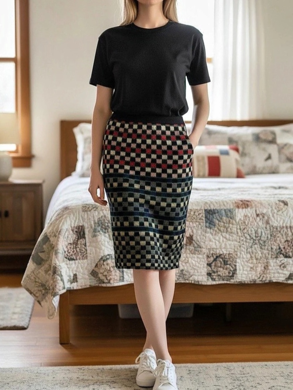 adomartins Geometric Knit Midi Skirt in Black & Green M